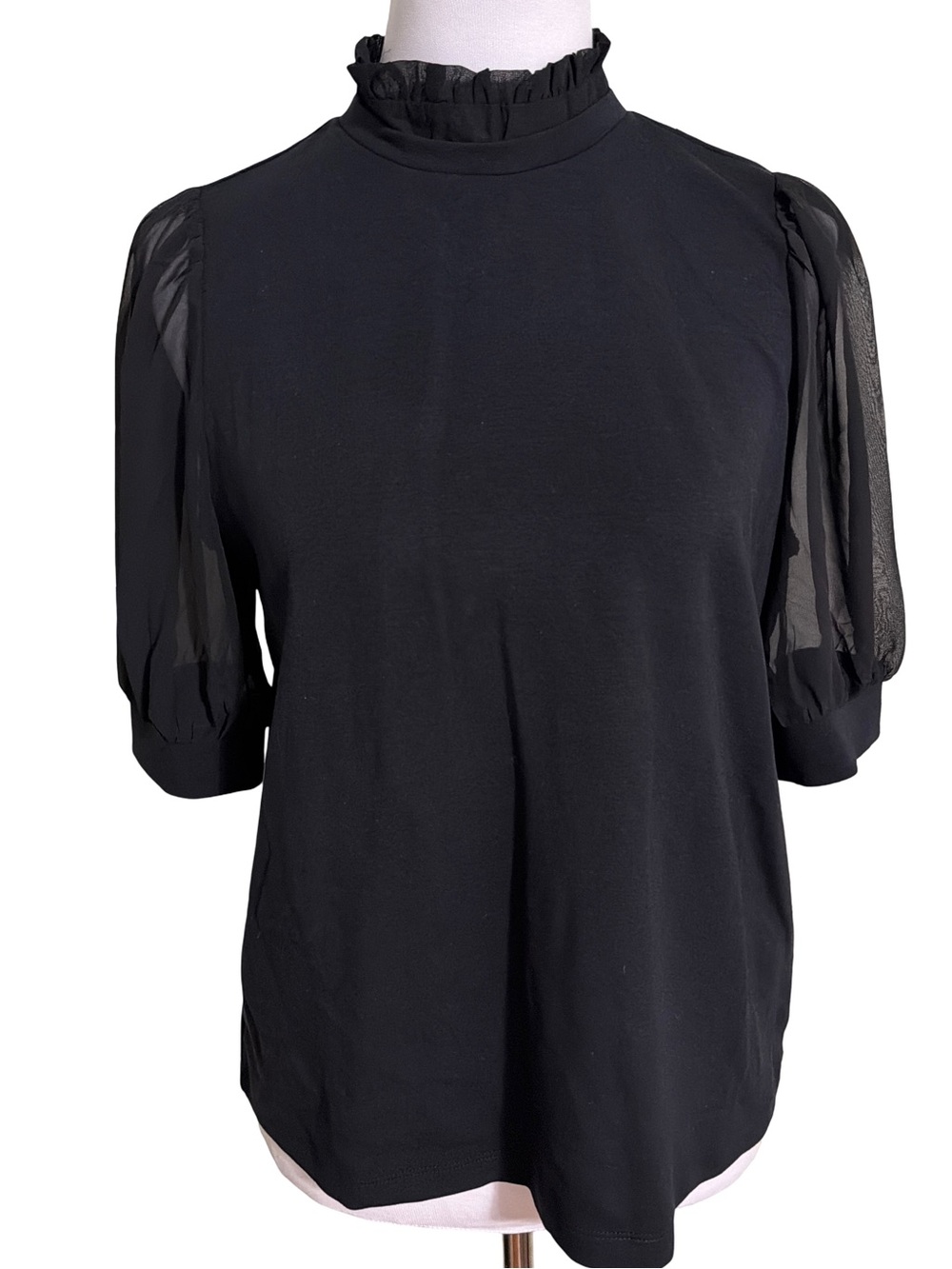 Cable & Gauge Black Ruffle Mock Neck Puff Sleeve Blouse